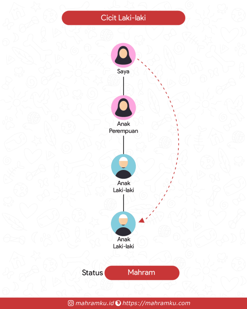 Bagan kekerabatan Cicit Laki-laki (Pr – Anak Pr – Cucu Lk – Cicit Lk)