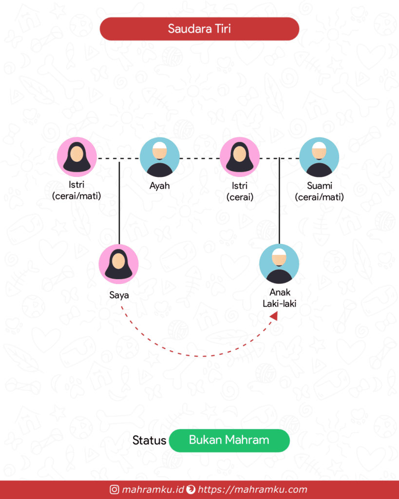 Bagan kekerabatan Saudara Tiri (Pr – Ayah – Istri Cerai – Anak Lk)