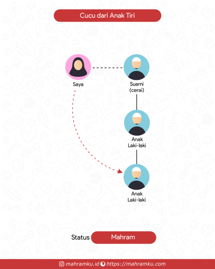 Bagan kekerabatan Cucu Tiri Laki-laki (Pr – Suami Cerai – Anak Lk – Anak Lk)