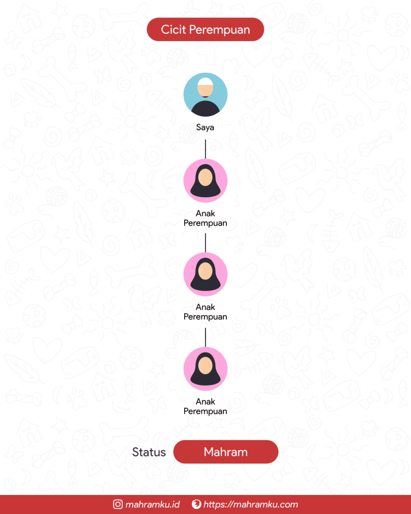 Bagan kekerabatan Cicit Perempuan (Lk – Anak Pr – Cucu Pr – Cicit Pr)